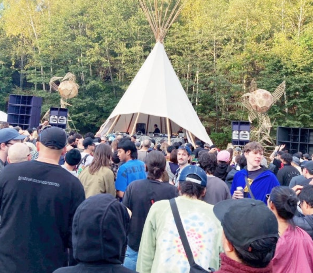 Underground techno festival dancing in nature Japan forest rave